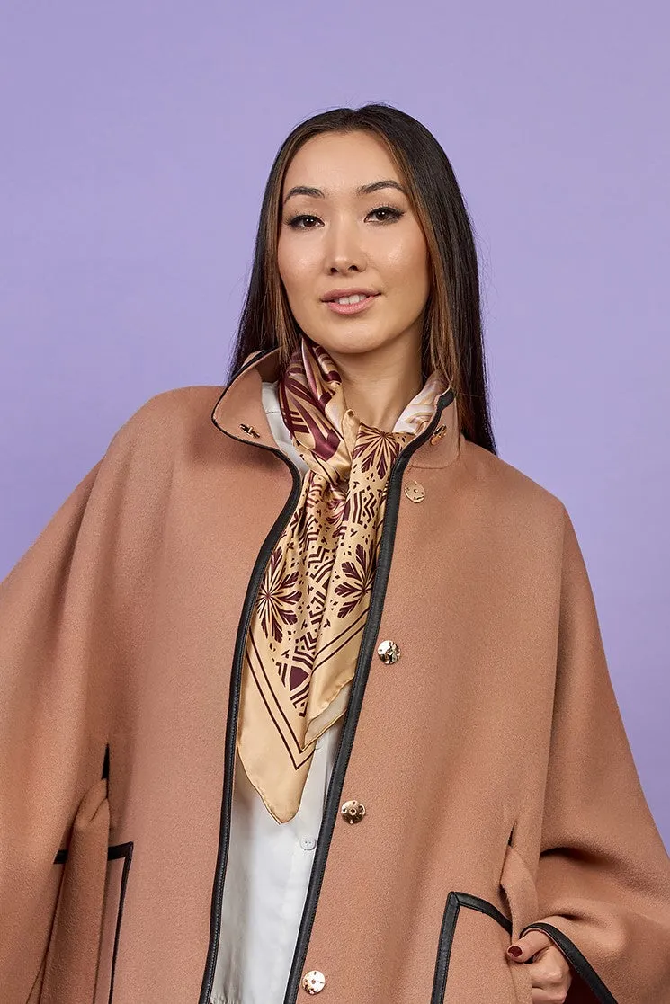 ALICE MOCHA BEIGE Belted Cape Coat in Virgin Wool Cashmere Black Leather
