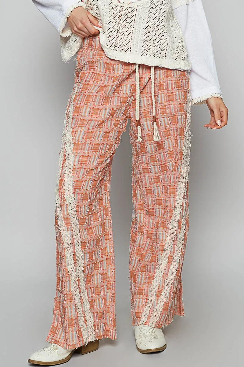Hazel Blues® |  POL Lace Trim Drawstring Checkered Wide Leg Pants