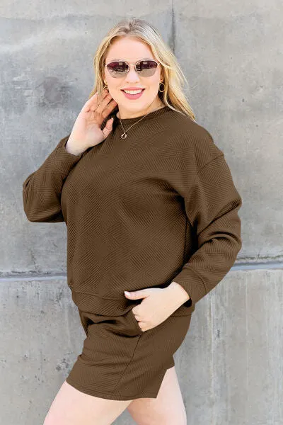 Tillie Double Take Full Size Texture Long Sleeve Top and Drawstring Shorts Set