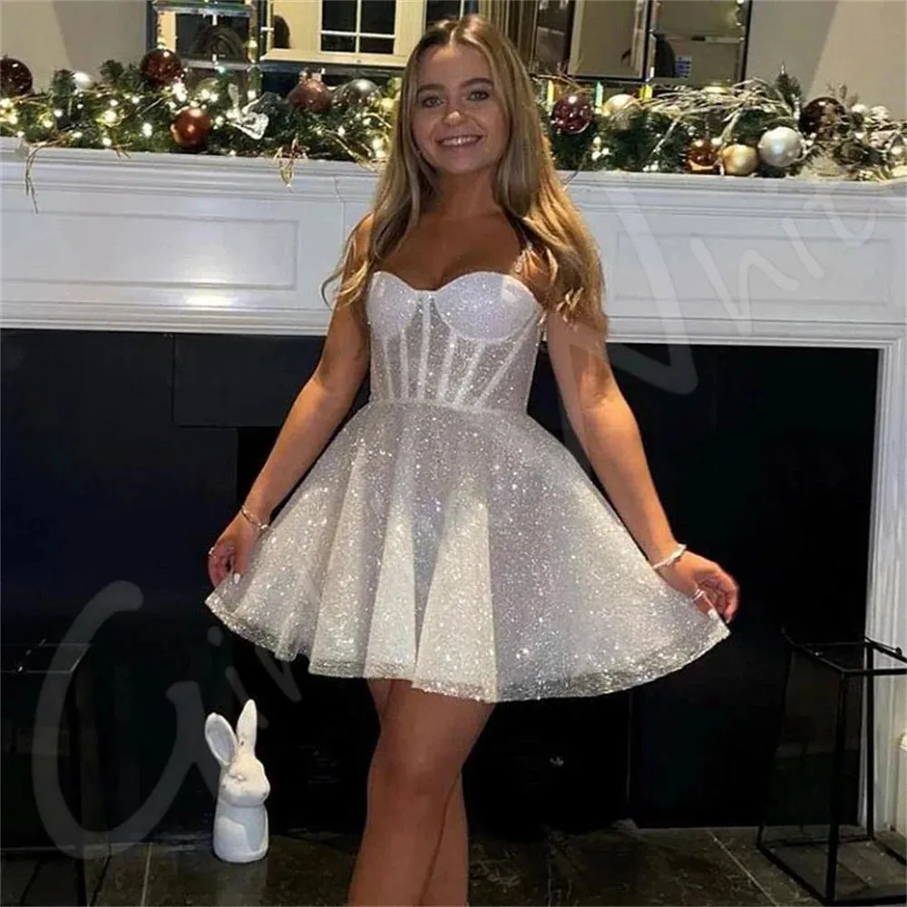 Wedding Dresses Sparkly Tulle Short Mini Bridal Gowns Sleeveless A-Line