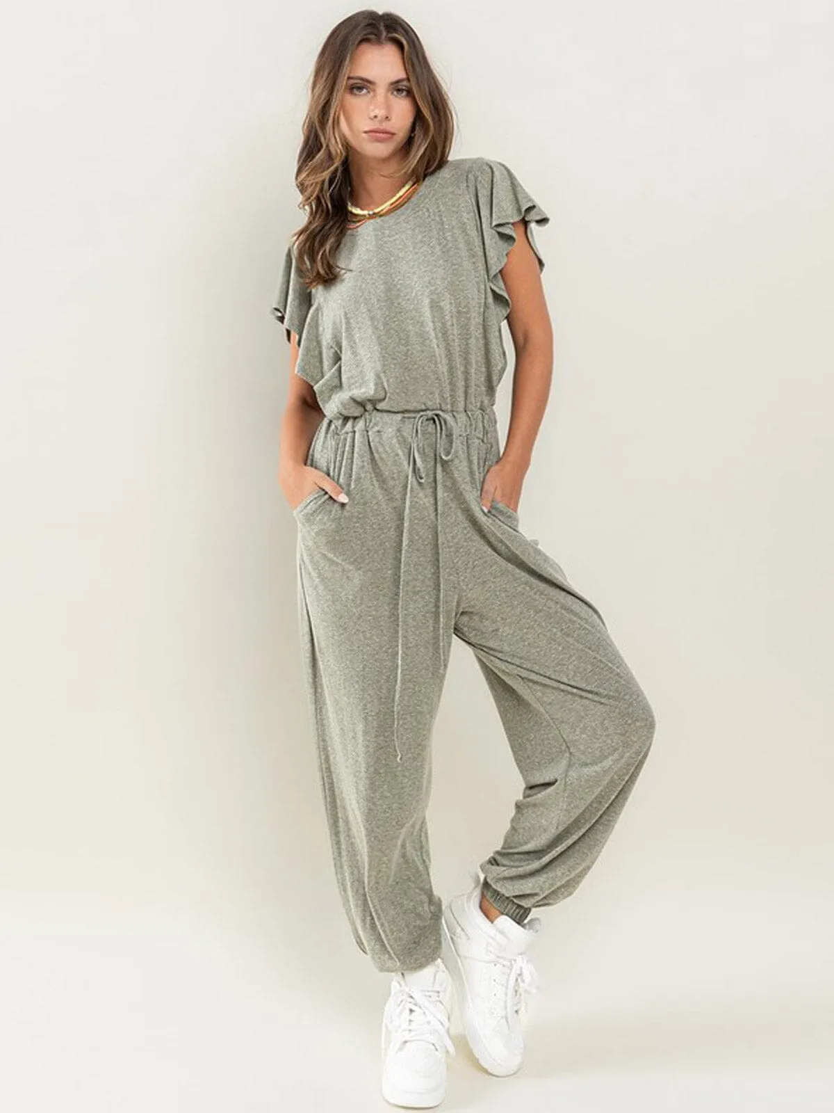 WOMEN'S SHORT SLEEVE RUFFLE ELASTIC WAIST FRONT POCKETS JOGGER JUMPSUIT